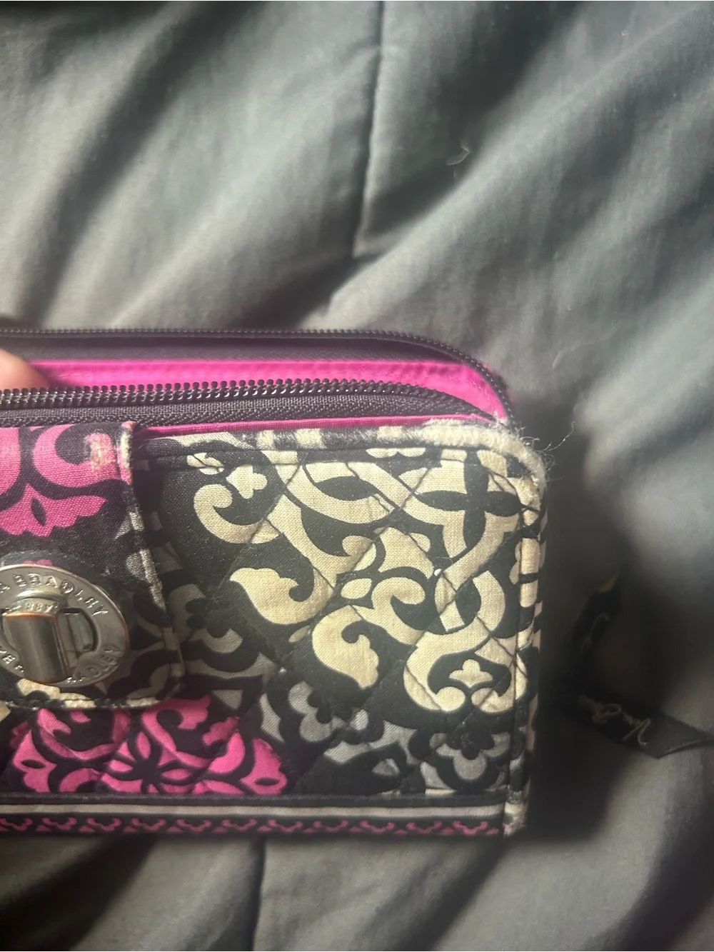 Vera Bradley Quilted Black and Pink Patterned Shoulder Bag and Wallet Set